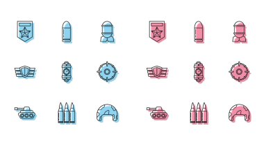 Set line Military tank Bullet Chevron helmet Detonate dynamite bomb stick and timer clock Target sport for shooting competition reward medal and icon. Vector.