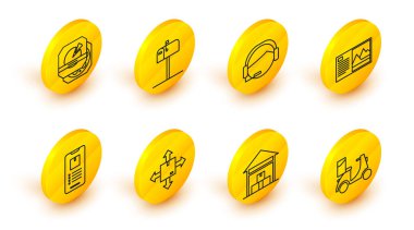 Set line Scooter delivery Warehouse Cardboard box with traffic symbol Mobile phone app tracking Postcard Support operator touch Open mail and Pizza cardboard icon. Vector.