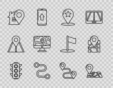 Set line Traffic light Folded map with location marker Map pointer star Route house Monitor and folded and icon. Vector.