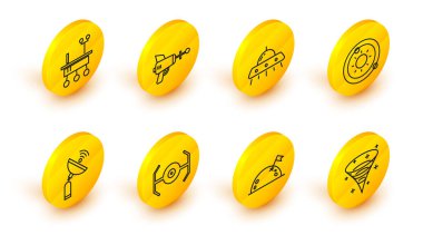 Set line Black hole Planet with flag Cosmic ship Radar Solar system UFO flying spaceship Ray gun and Mars rover icon. Vector.