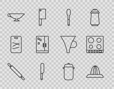 Set line Rolling pin Citrus fruit juicer Spoon Knife Sauce boat Refrigerator Cooking pot and Gas stove icon. Vector.