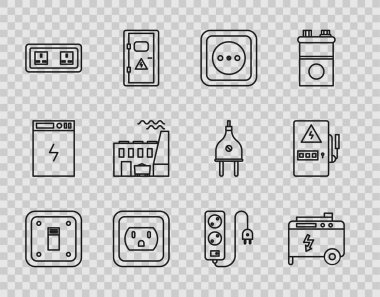 Set line Electric light switch Portable power electric generator Electrical outlet in the USA Coal plant and factory extension cord and panel icon. Vector.