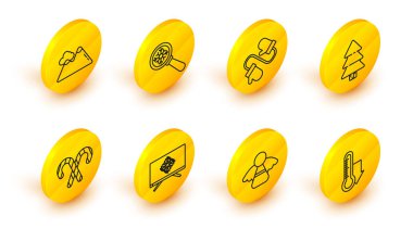 Set line Meteorology thermometer measuring Merry on television candy cane with stripes tree Pair of knitted christmas mittens Magnifying glass snowflake and Mountains icon. Vector.