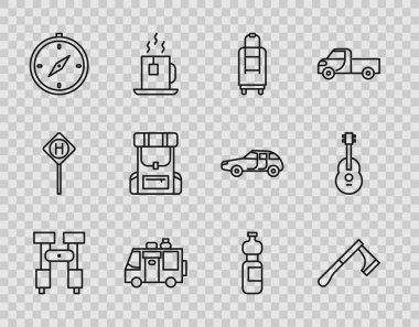 Set line Binoculars Wooden axe Suitcase Rv Camping trailer Compass Hiking backpack Bottle of water and Guitar icon. Vector.