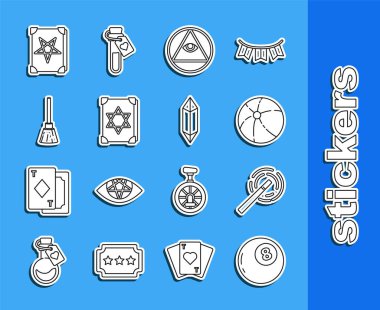 Set line Magic ball of predictions wand Beach Masons Ancient magic book Witches broom and stone icon. Vector.