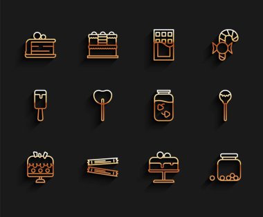 Set line Cake on plate Sugar stick packets Piece of cake Glass jar with candies inside Lollipop and Strawberry jam icon. Vector.