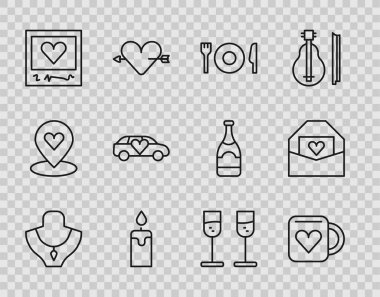 Set line Necklace on mannequin Coffee cup and heart Plate fork knife Burning candle Photo frames hearts Limousine car Glass champagne and Envelope with Valentine icon. Vector.