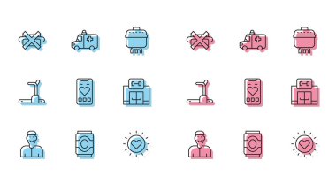 Set line Positive thinking Soda can No junk food Sun Mobile with heart rate Gym building Treadmill machine and Ambulance and emergency car icon. Vector.