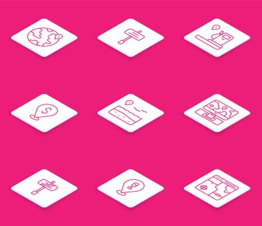 Set line Location on the globe Road traffic sign and gas station Cash location with beach Monitor marker and Alcohol beer bar icon. Vector.