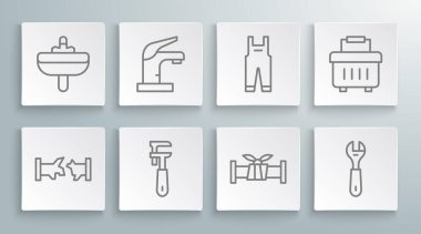 Set line Broken pipe Water tap Pipe adjustable wrench Industry metallic Wrench spanner Work overalls Toolbox and Washbasin icon. Vector.