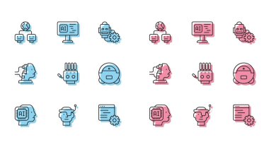 Set line Humanoid robot Smart glasses Artificial intelligence Computer api interface Mechanical hand Robot vacuum cleaner for maintenance and Software icon. Vector.