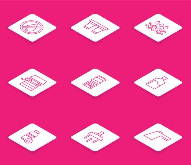 Set line Water drop forbidden filter Wave with water Well bucket cooler Big bottle clean Bottle of and Shower icon. Vector.