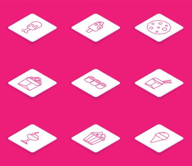 Set line Chicken leg Ice cream Cookie or biscuit Noodles in box Sushi Asian noodles and chopsticks bowl and Popcorn icon. Vector.