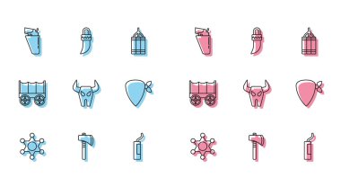 Set line Hexagram sheriff Tomahawk axe Revolver gun in holster Dynamite bomb Buffalo skull Cowboy bandana Wild west covered wagon and Tooth icon. Vector.