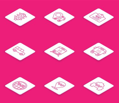 Set line Traffic light Location with bus Taxi driver license Car Train Bus car roof and taxi icon. Vector.