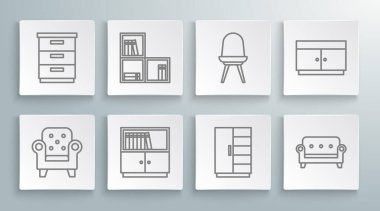 Set line Armchair Shelf with books Library bookshelf Wardrobe Sofa Chair Chest drawers and Furniture nightstand icon. Vector.