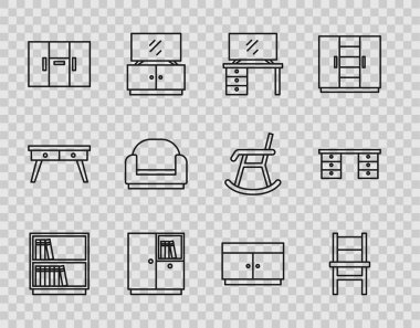 Set line Library bookshelf Chair TV table stand Wardrobe Armchair Chest of drawers and Office desk icon. Vector.