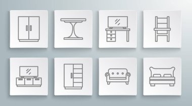 Set line TV table stand Round Wardrobe Sofa Big bed Chair and icon. Vector.