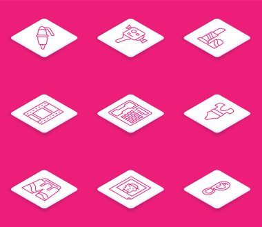 Set line Fountain pen nib Retro cinema camera Lipstick Play Video Telephone handset Swimsuit Short or pants and Photo icon. Vector.