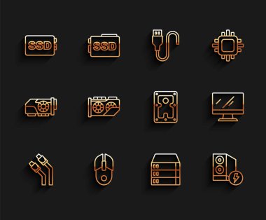 Set line LAN cable network internet Computer mouse SSD card Server Data Web Hosting Case of computer Video graphic monitor screen and Hard disk drive HDD icon. Vector.