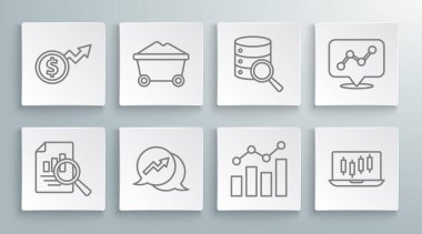 Set line Document with graph chart Coal mine trolley Financial growth Stocks market graphs Server Graph infographic and dollar icon. Vector.