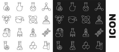 Set line Test tube DNA symbol Alcohol or spirit burner Molecule with toxic liquid and Atom icon. Vector.