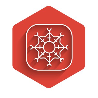 White line Snowflake icon isolated with long shadow. Merry Christmas and Happy New Year. Red hexagon button. Vector.