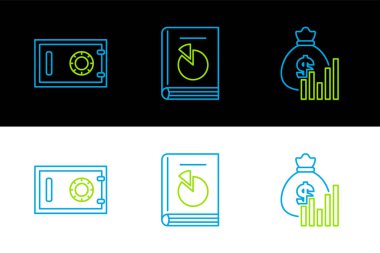 Set line Money bag and diagram graph Safe and User manual icon. Vector.