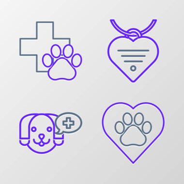 Set line Heart with animals footprint Veterinary clinic symbol Collar name tag and heart and icon. Vector.