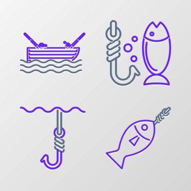 Set line Fish on hook Fishing under water and boat with fishing rod icon. Vector.