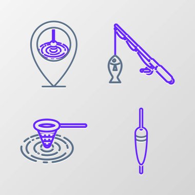 Set line Fishing float net water rod and fish and Location fishing icon. Vector.