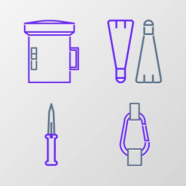 Set line Carabiner Army knife Rubber flippers for swimming and Big flashlight diver icon. Vector.