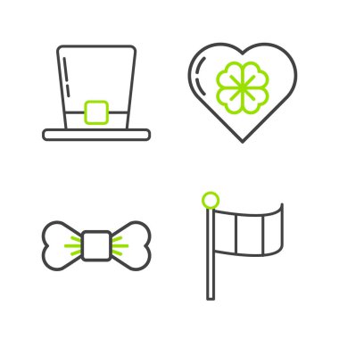 Set line National Ireland flag Bow tie Heart with four leaf clover and Leprechaun hat icon. Vector.