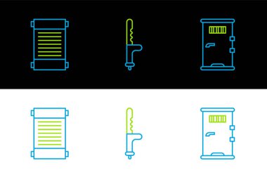 Set line Prison cell door Decree paper parchment scroll and Police rubber baton icon. Vector.