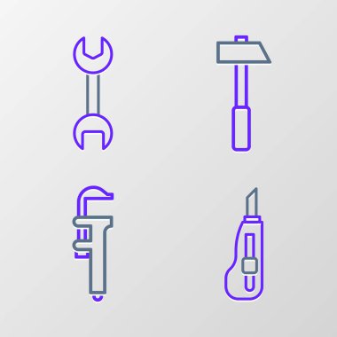 Set line Stationery knife Calliper or caliper and scale Hammer and Wrench spanner icon. Vector.