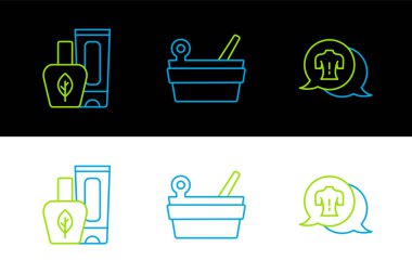 Set line Massage Ointment cream tube and Sauna bucket and ladle icon. Vector.