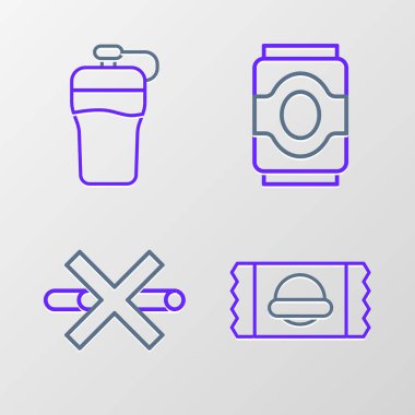 Set line Sports nutrition No Smoking Soda can and Fitness shaker icon. Vector.