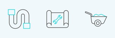 Set line Wheelbarrow Industry pipe and Graphing paper and wrench icon. Vector.