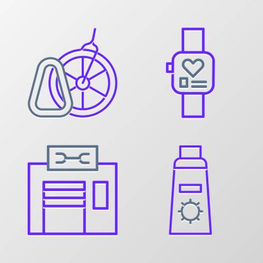 Set line Sunscreen cream in tube Bicycle repair service Smart watch and parking icon. Vector.