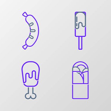 Set line Doner kebab Chicken leg Ice cream and Hotdog icon. Vector.