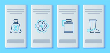 Set line Revolver cylinder Canteen water bottle Money bag and Cowboy boot icon. Vector.