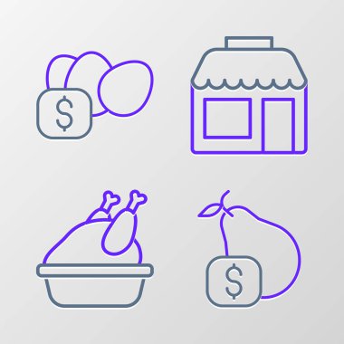 Set line Price tag for pear Roasted turkey chicken Market store and egg icon. Vector.
