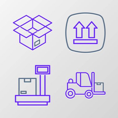 Set line Forklift truck Scale with cardboard box This side up and Unboxing icon. Vector.