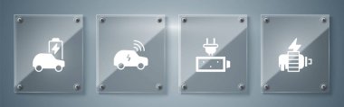Set Electric motor Battery charge Smart car system and . Square glass panels. Vector.
