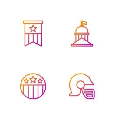 Set line American football helmet, Medal with star, flag and White House. Gradient color icons. Vector.