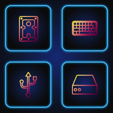 Set line Server, Data, Web Hosting, USB, Hard disk drive HDD and Keyboard. Gradient color icons. Vector.