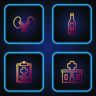 Set line Hospital building Patient record Human kidneys and Digital thermometer. Gradient color icons. Vector.