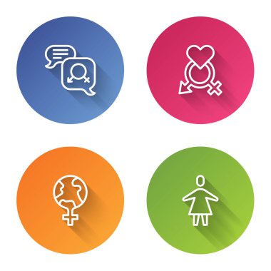 Set line Gender equality Feminism in the world and Female. Color circle button. Vector.