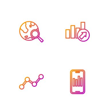 Set line Mobile with graph Graph chart infographic Search globe and Financial growth. Gradient color icons. Vector.