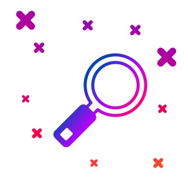 Beyaz arkaplanda izole edilmiş renkli büyüteç simgesi. Arama, odaklanma, yakınlaştırma, iş sembolü. Kademeli rastgele dinamik şekiller. Vektör